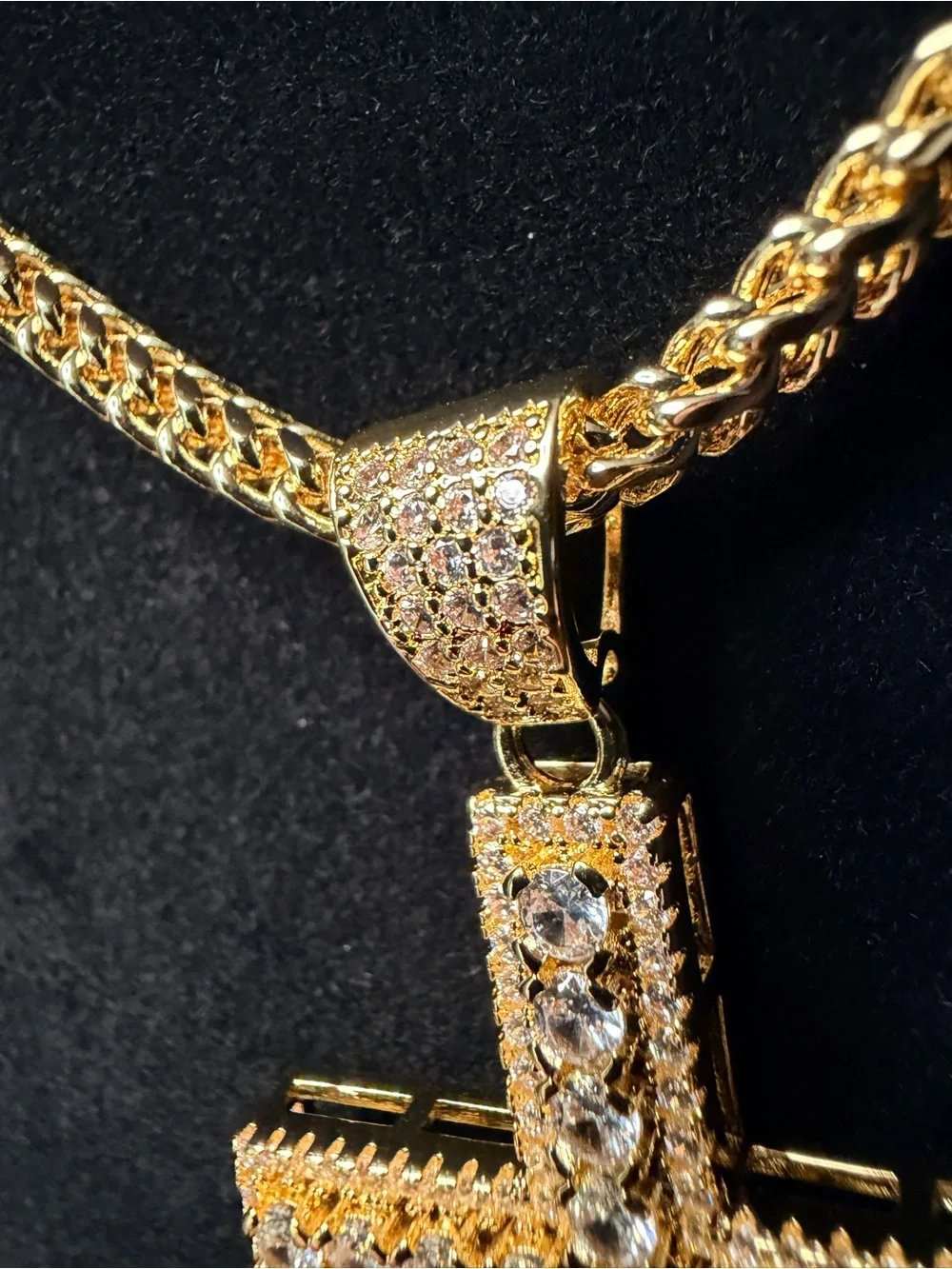 Iced Out Moissanite cross pendant 2.5in w/iced bell 14k gold finish (cross only)